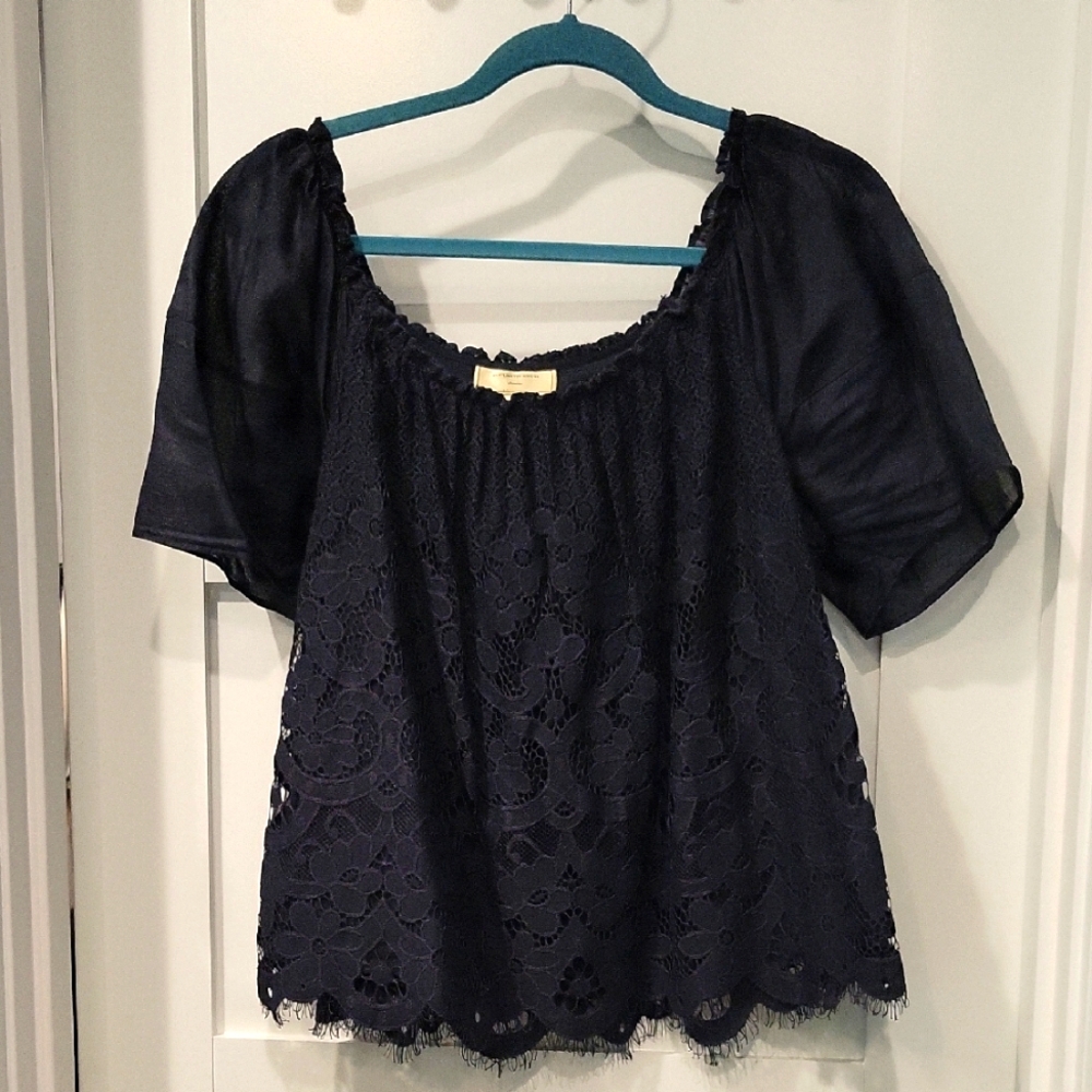 Moulinette Soeurs From Anthropology Black/Deep Blue Ruffled Blouse